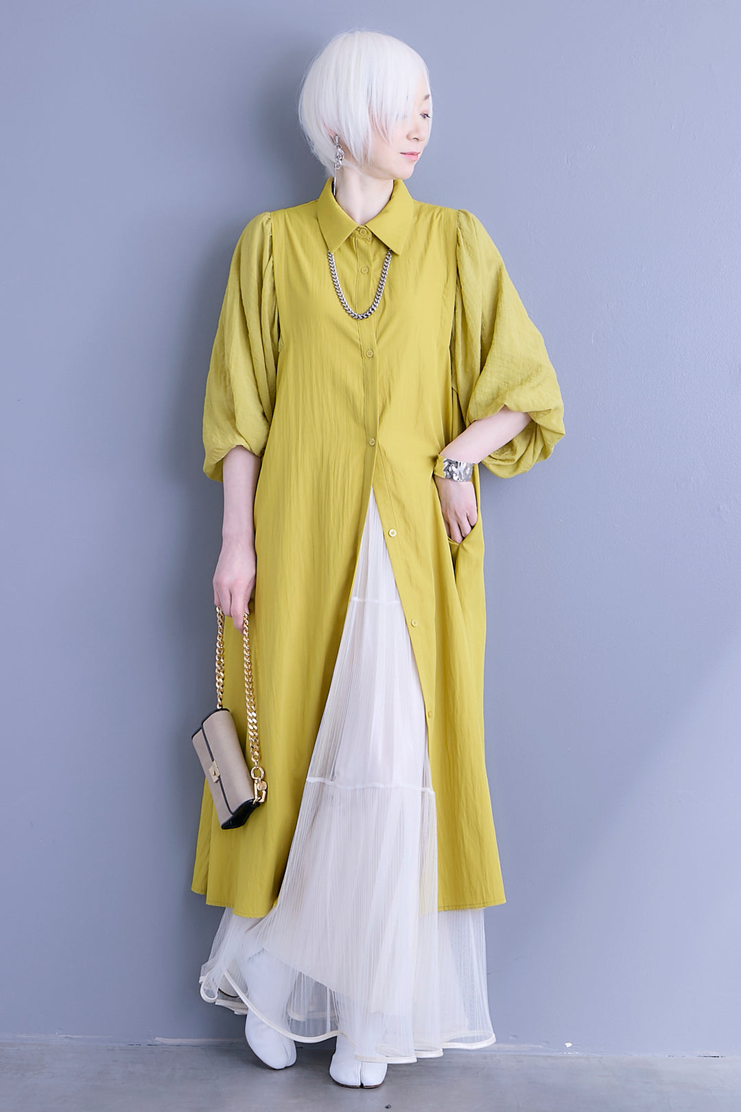 【SET】バルーンスリーブシャツワンピース+2WAYラメサテンプリーツ×シアーティアードチュールスカート(2set)