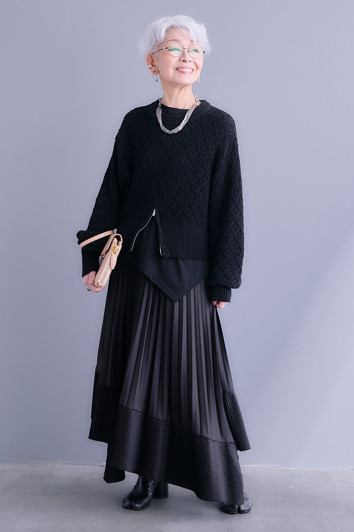 【SET】透かし編みフロントZIPニット+アシンメトリーロンT+アシンメトリープリーツスカート(3set)