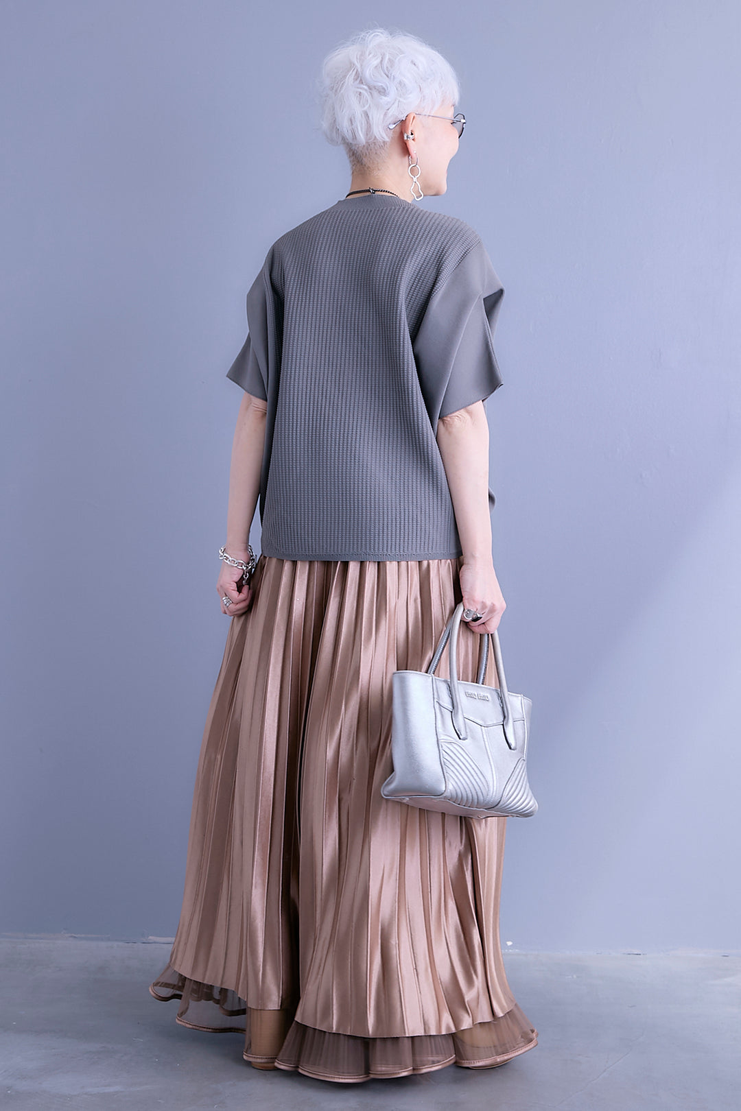 【SET】アップスリーブニットプルオーバー+2WAYラメサテンプリーツ×シアーティアードチュールスカート(2set)