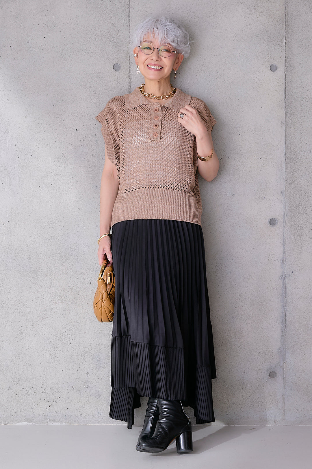 【SET】リネンライクメッシュニット+アシンメトリープリーツスカート(2set)