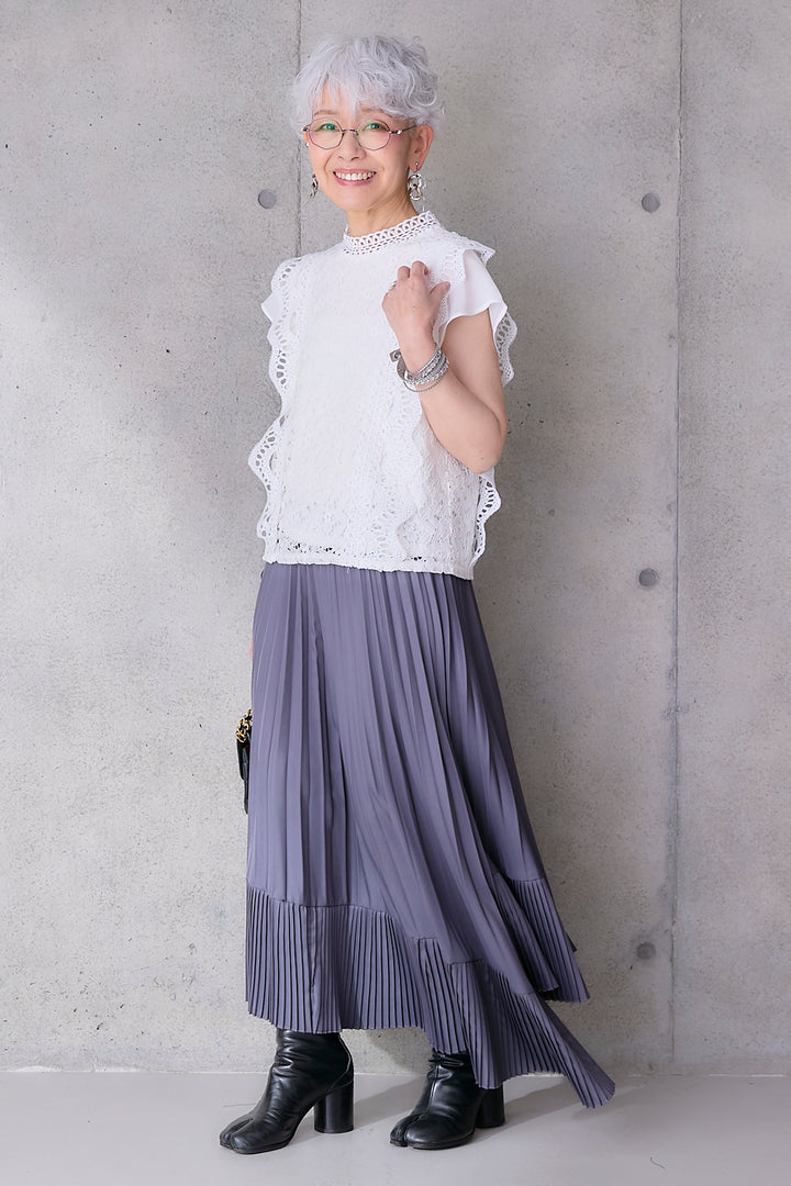【SET】接触冷感スタンドカラーフレンチスリーブレースブラウス+アシンメトリープリーツスカート(2set)
