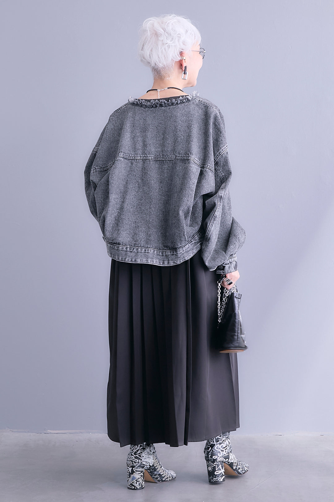 【SET】ボリュームスリーブノーカラーデニムジャケット+ワイドプリーツドッキングワンピース(2set)