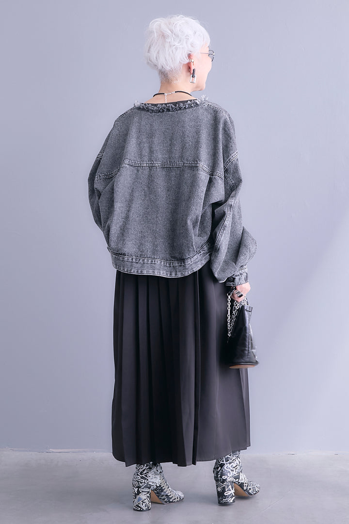 【SET】ボリュームスリーブノーカラーデニムジャケット+ワイドプリーツドッキングワンピース(2set)
