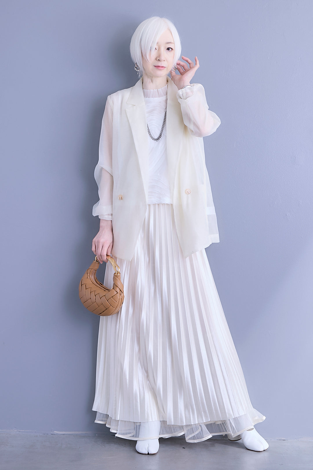 【SET】シアーポプリンダブルテーラードジャケット+ウェーブモチーフスタンドネックブラウス+2WAYラメサテンプリーツ×シアーティアードチュールスカート(3set)