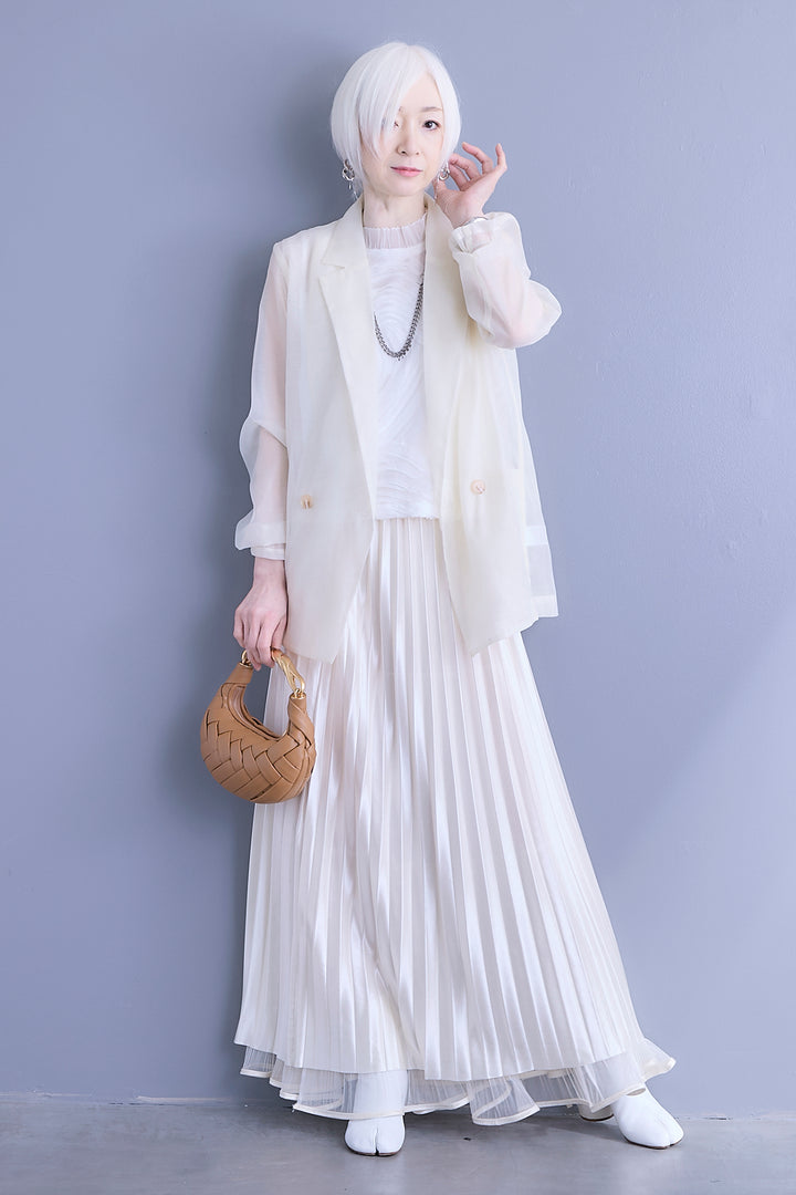 【SET】シアーポプリンダブルテーラードジャケット+ウェーブモチーフスタンドネックブラウス+2WAYラメサテンプリーツ×シアーティアードチュールスカート(3set)