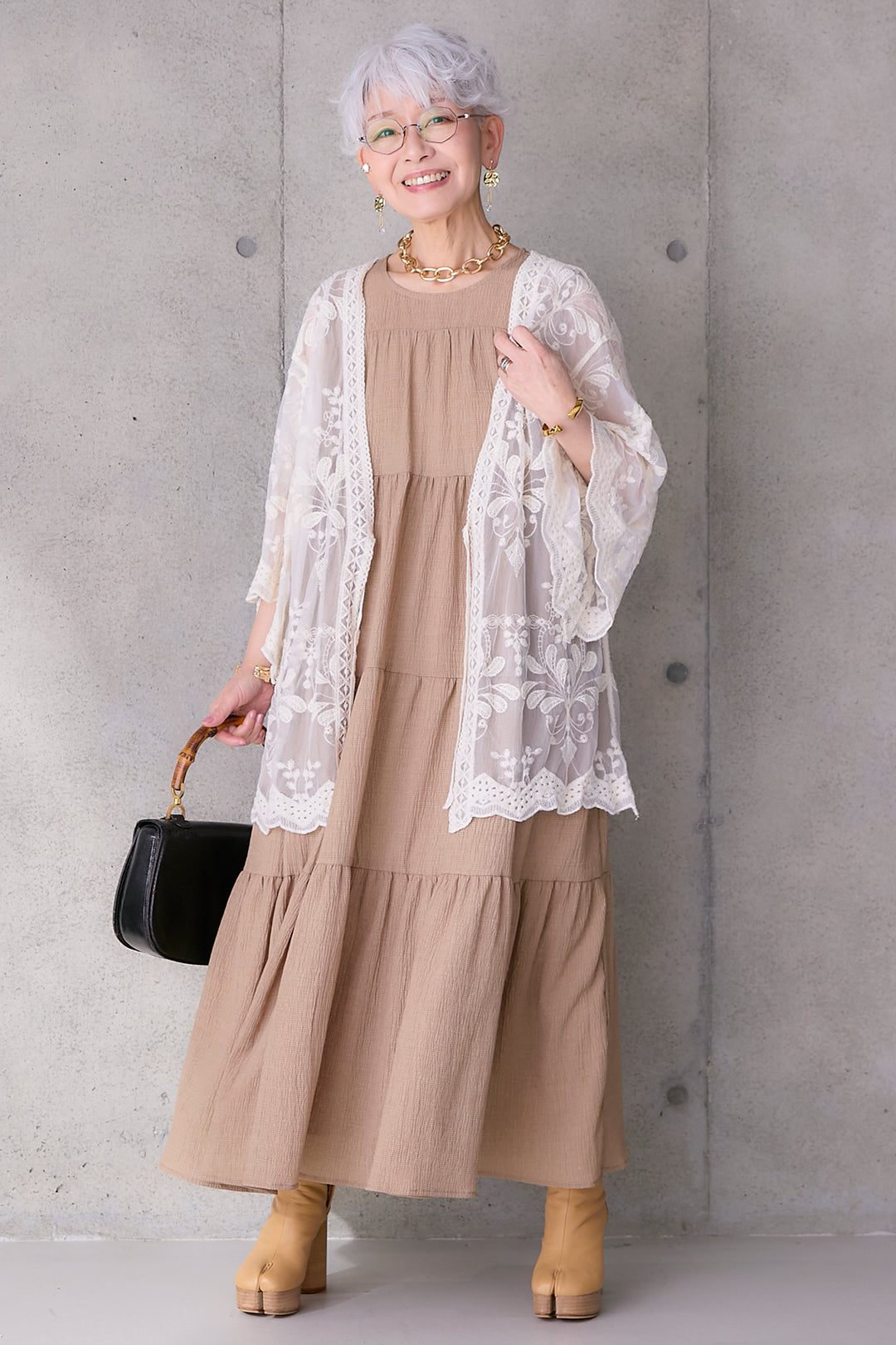 【SET】チュールエンブロイダリーシアーカーディガン+クレープジャガードティアードワンピース(2set)