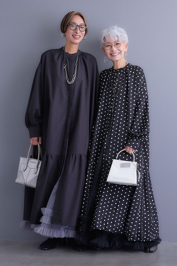 【SET】ボリュームスリーブバックシャンワンピース+フリルチュールティアードスカート(2set)