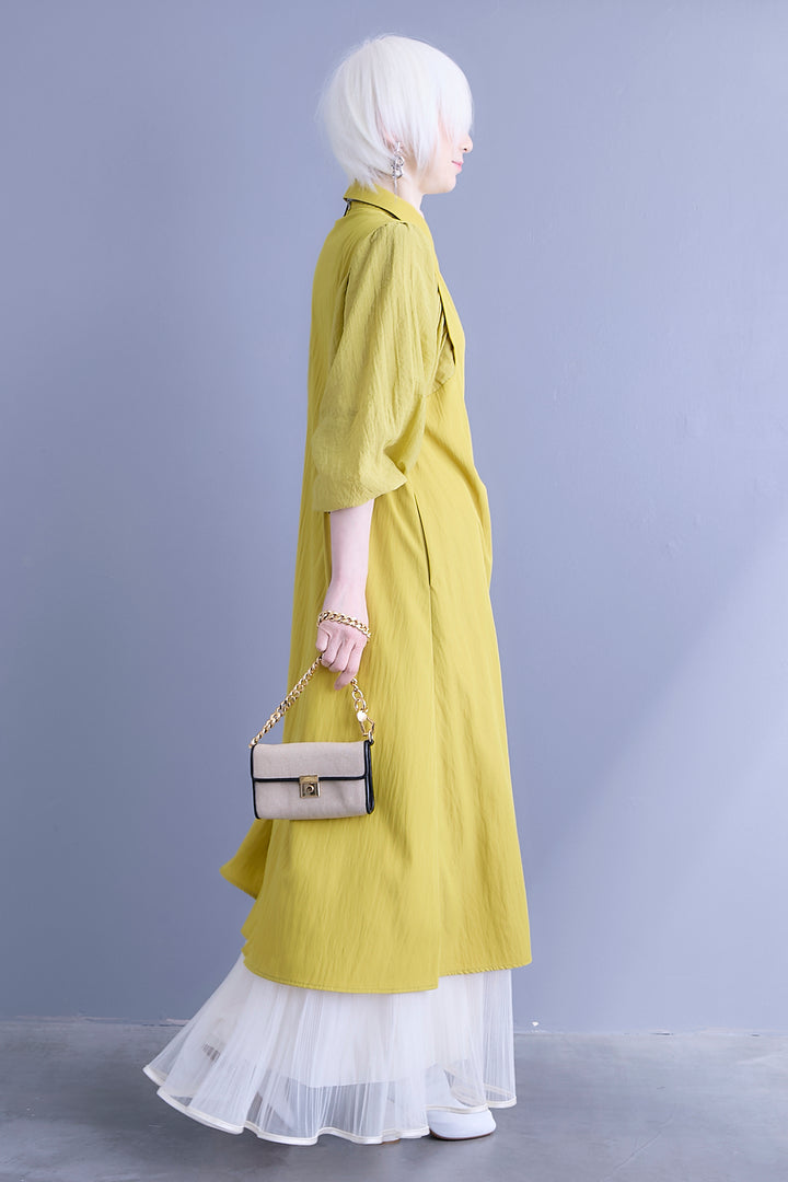 【SET】バルーンスリーブシャツワンピース+2WAYラメサテンプリーツ×シアーティアードチュールスカート(2set)