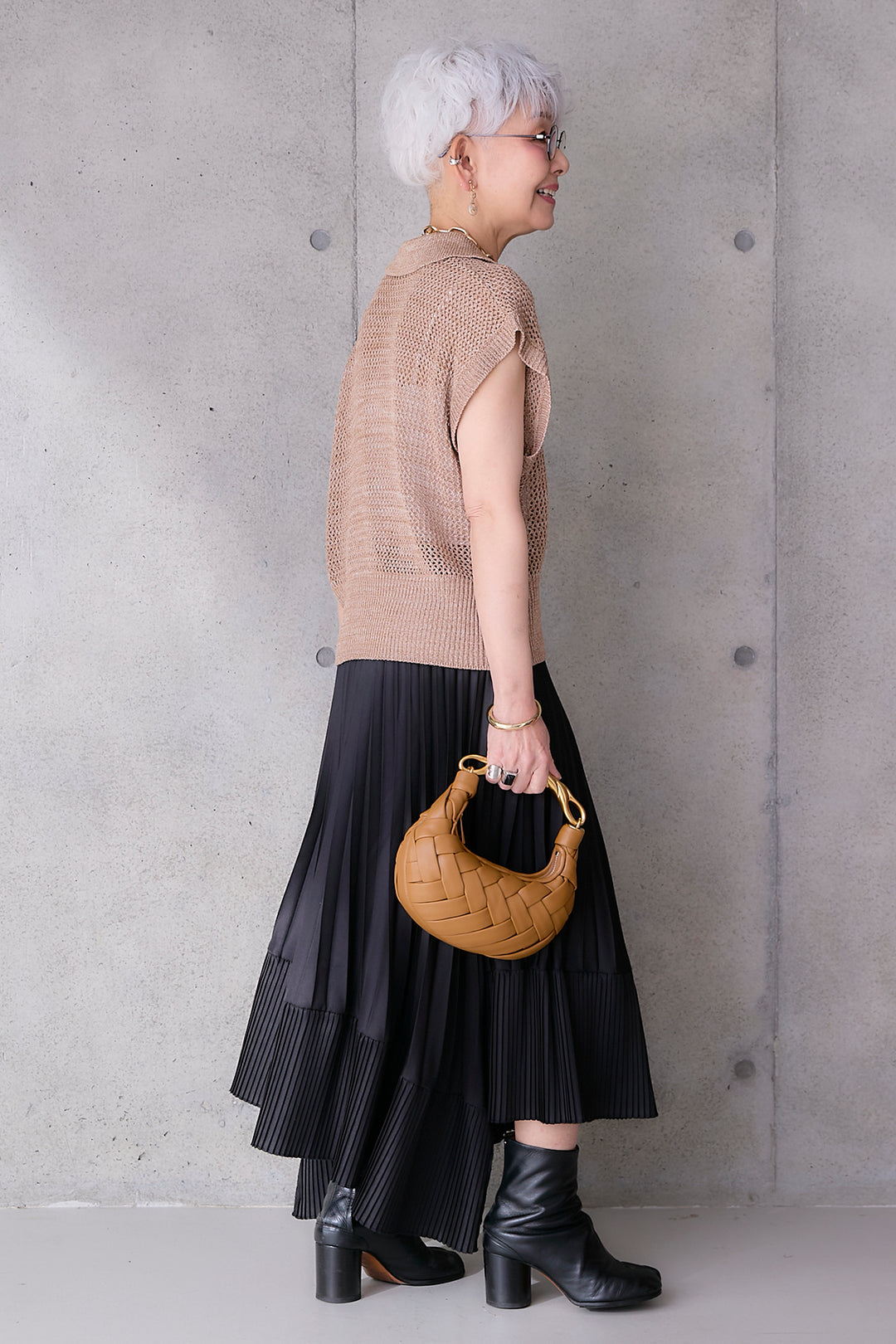 【SET】リネンライクメッシュニット+アシンメトリープリーツスカート(2set)