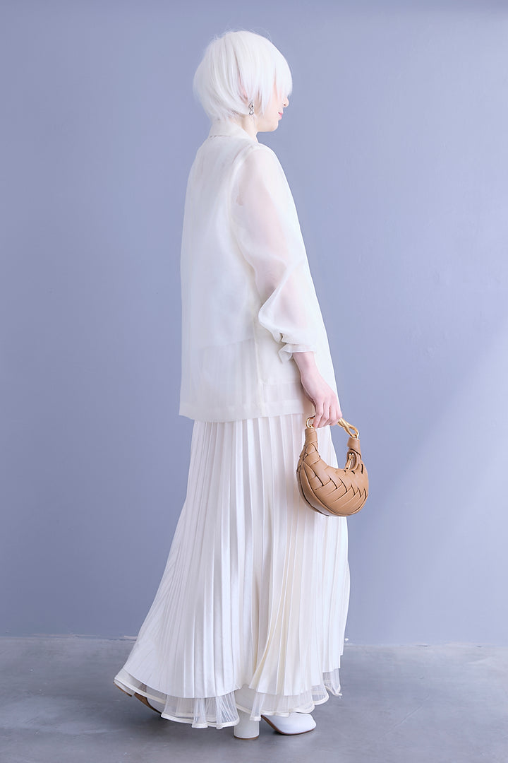 【SET】シアーポプリンダブルテーラードジャケット+ウェーブモチーフスタンドネックブラウス+2WAYラメサテンプリーツ×シアーティアードチュールスカート(3set)