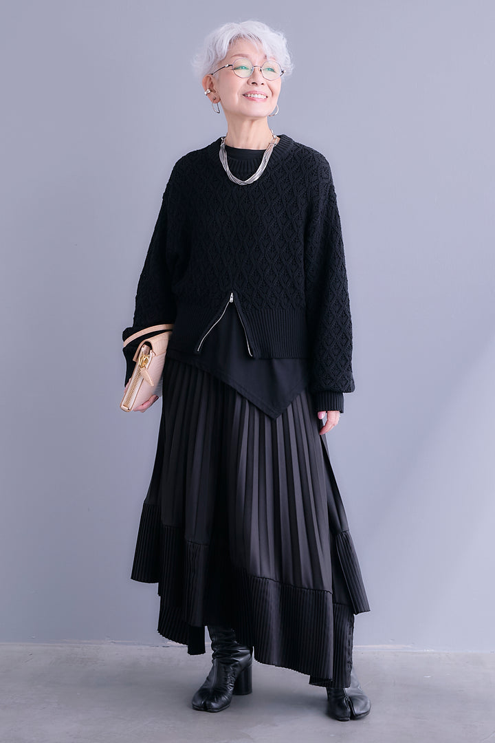 【SET】透かし編みフロントZIPニット+アシンメトリーロンT+アシンメトリープリーツスカート(3set)