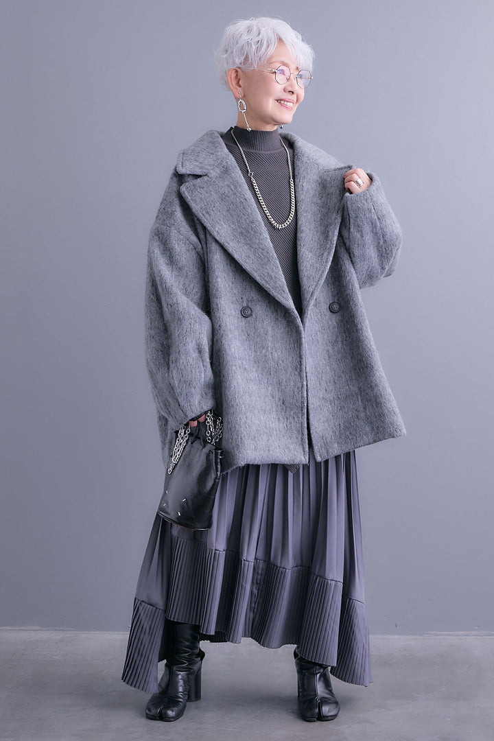 【SET】アシンメトリーオーバーニット+ワイドラペルコクーンスリーブシャギーコート+アシンメトリープリーツスカート(3set)