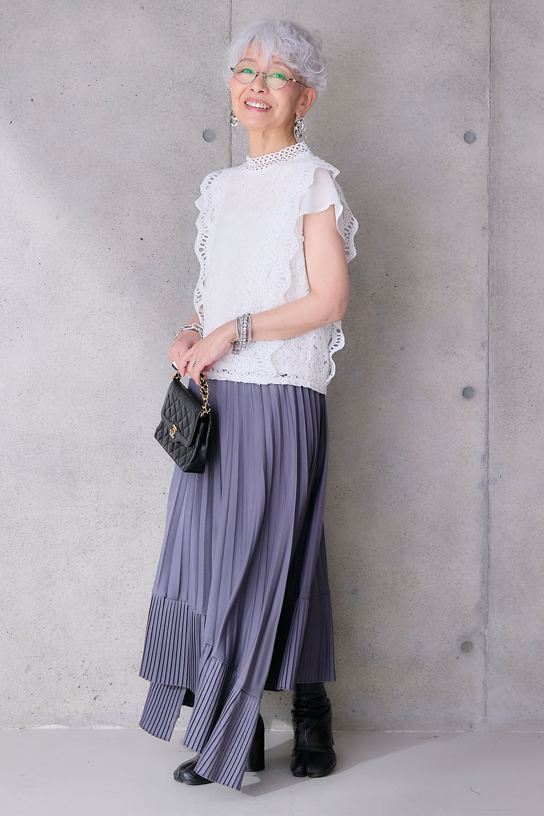 【SET】接触冷感スタンドカラーフレンチスリーブレースブラウス+アシンメトリープリーツスカート(2set)