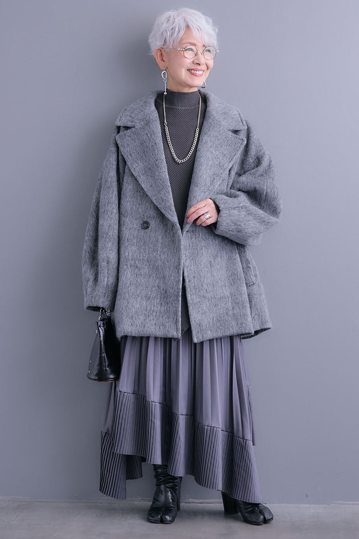 【SET】アシンメトリーオーバーニット+ワイドラペルコクーンスリーブシャギーコート+アシンメトリープリーツスカート(3set)