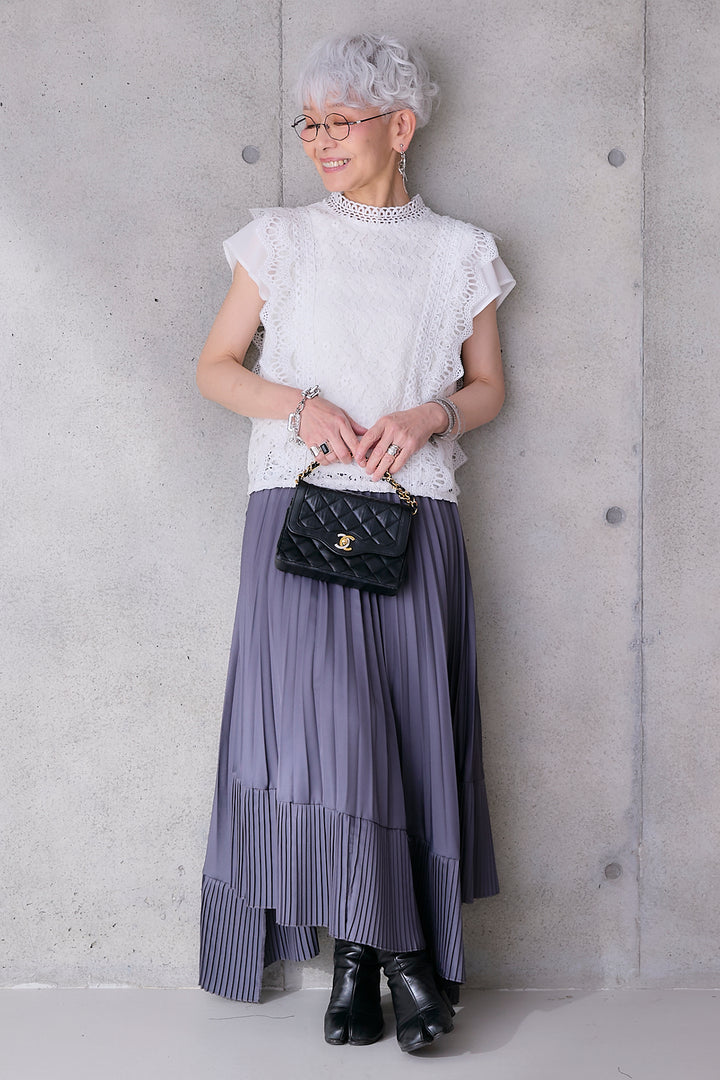 【SET】接触冷感スタンドカラーフレンチスリーブレースブラウス+アシンメトリープリーツスカート(2set)