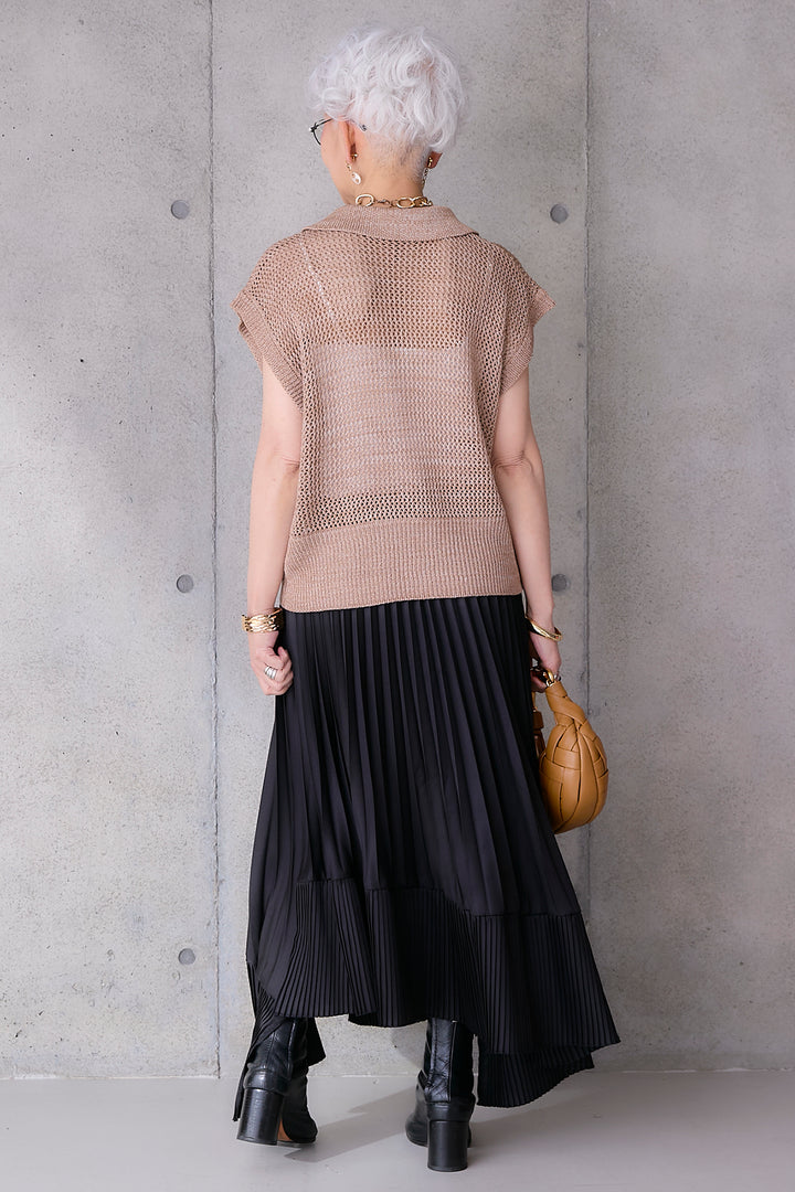 【SET】リネンライクメッシュニット+アシンメトリープリーツスカート(2set)