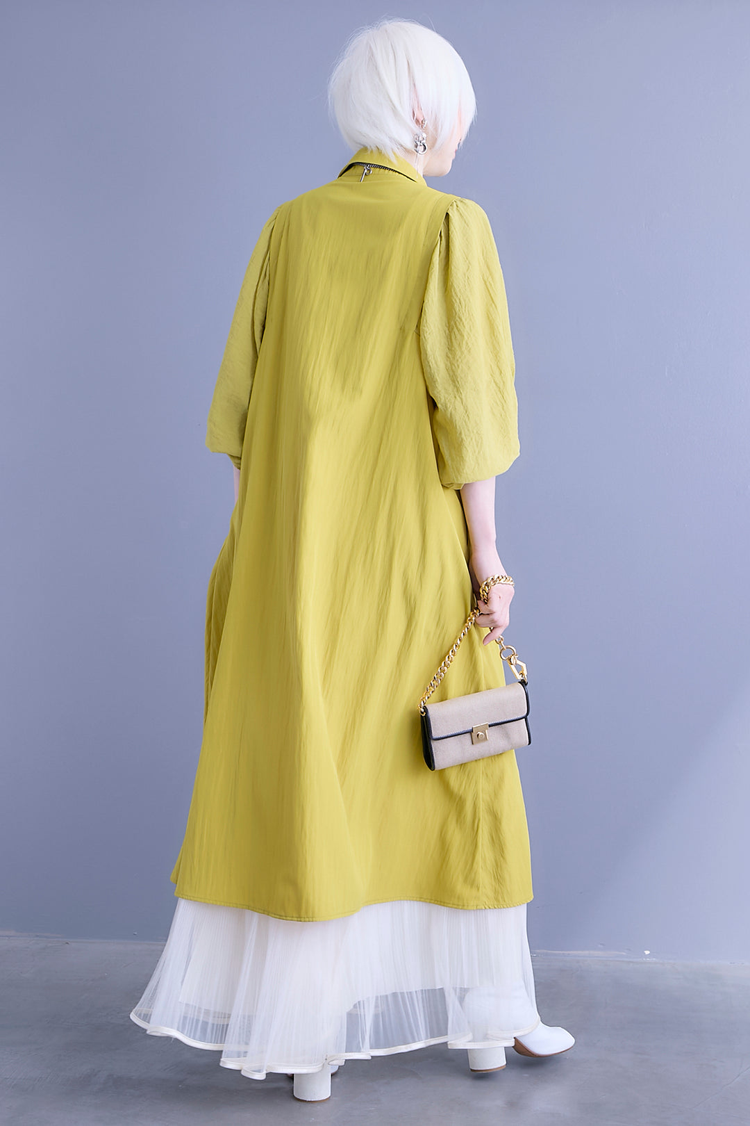 【SET】バルーンスリーブシャツワンピース+2WAYラメサテンプリーツ×シアーティアードチュールスカート(2set)