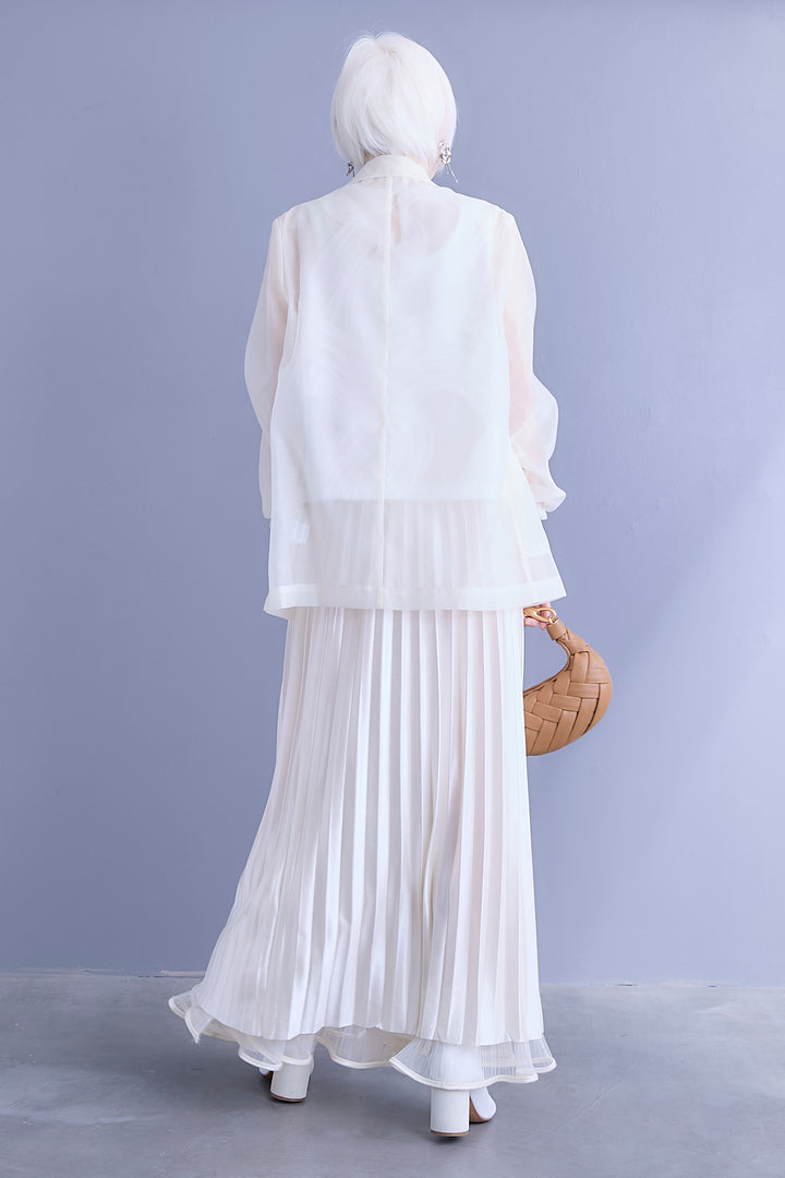 【SET】シアーポプリンダブルテーラードジャケット+ウェーブモチーフスタンドネックブラウス+2WAYラメサテンプリーツ×シアーティアードチュールスカート(3set)