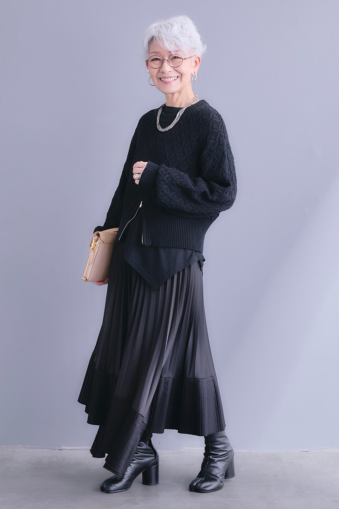 【SET】透かし編みフロントZIPニット+アシンメトリーロンT+アシンメトリープリーツスカート(3set)
