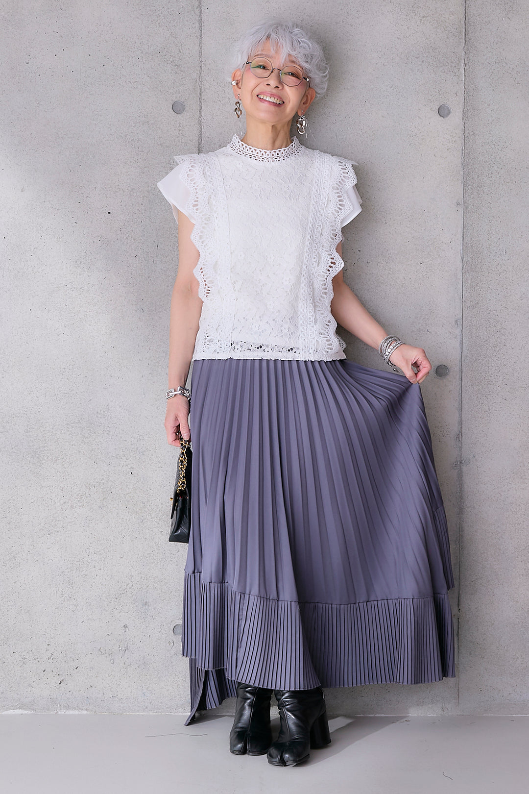 【SET】接触冷感スタンドカラーフレンチスリーブレースブラウス+アシンメトリープリーツスカート(2set)