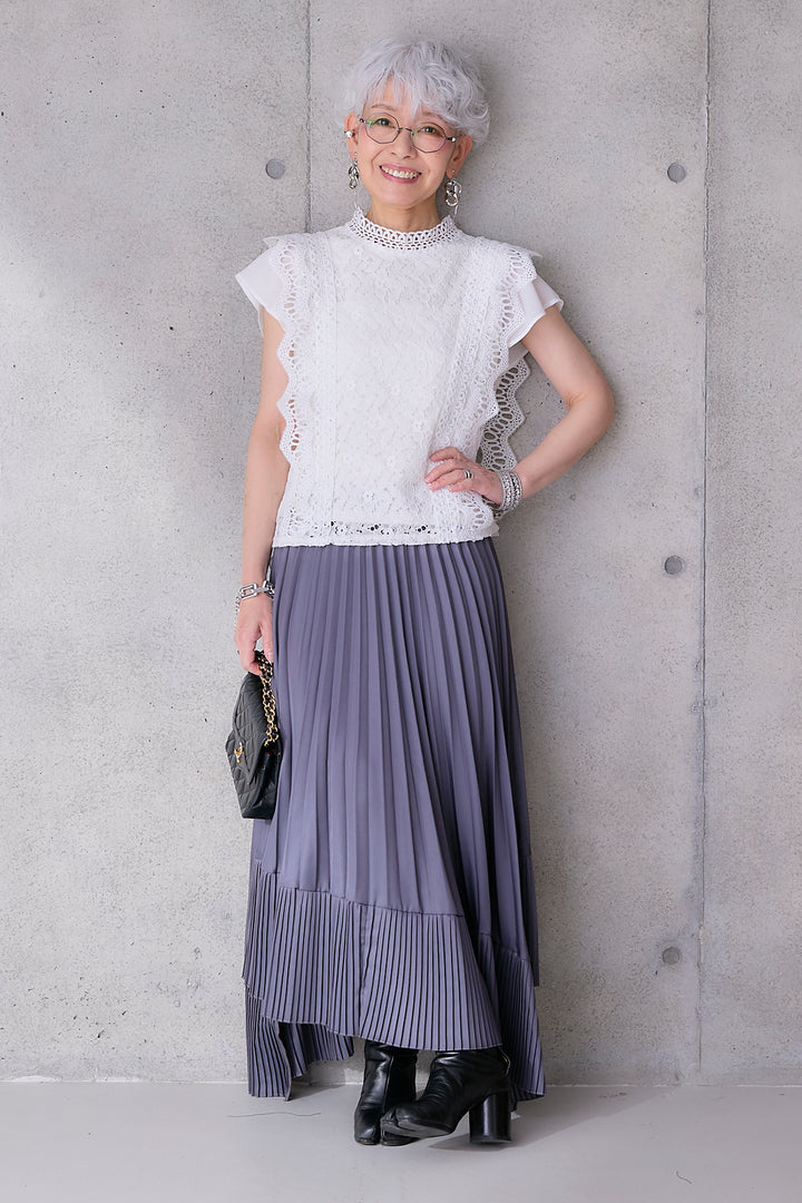 【SET】接触冷感スタンドカラーフレンチスリーブレースブラウス+アシンメトリープリーツスカート(2set)