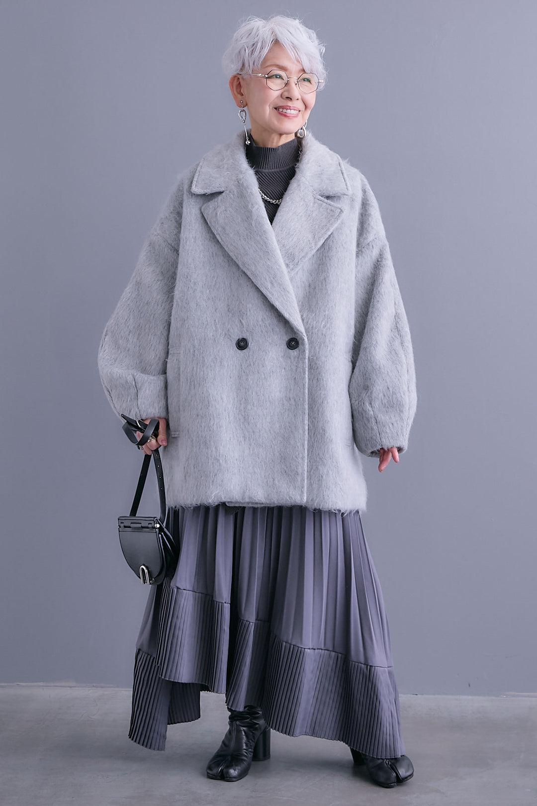 【SET】アシンメトリーオーバーニット+ワイドラペルコクーンスリーブシャギーコート+アシンメトリープリーツスカート(3set)