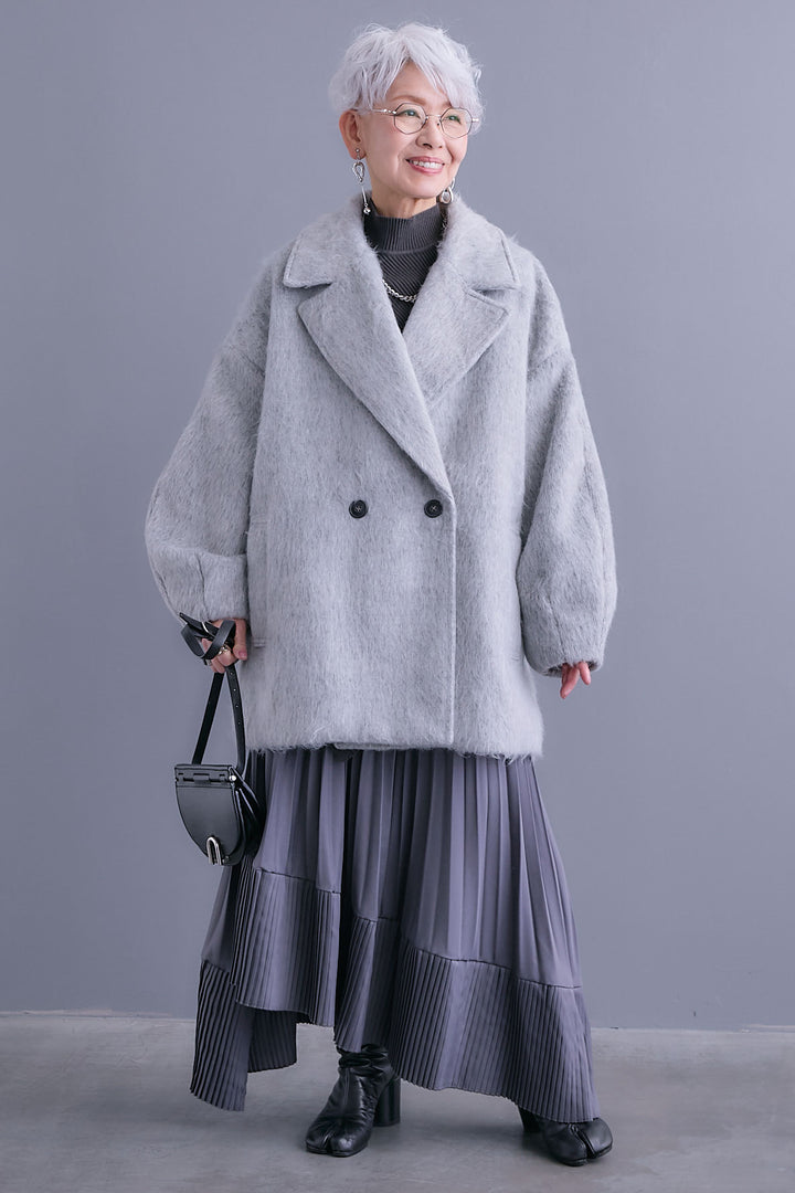 【SET】アシンメトリーオーバーニット+ワイドラペルコクーンスリーブシャギーコート+アシンメトリープリーツスカート(3set)