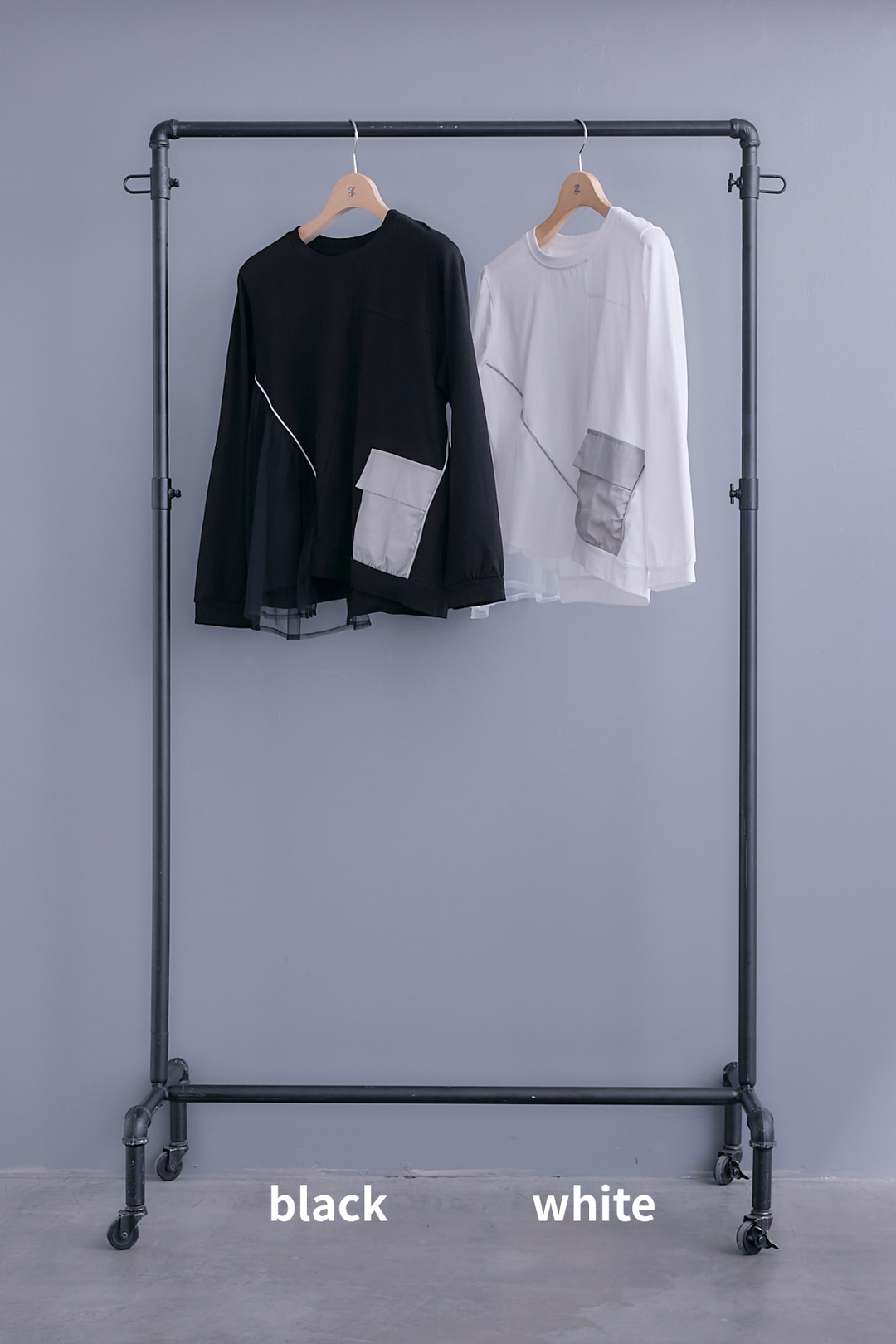 【SET】チュールギャザーアシメポケットプルオーバー+アシンメトリープリーツスカート(2set)