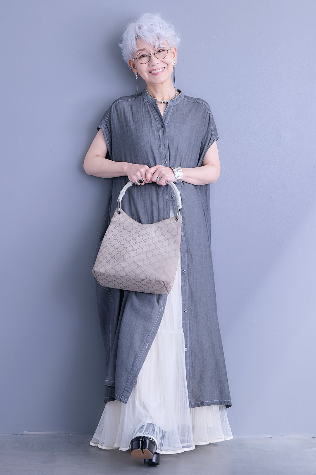 【SET】シアーデニムケミカルウォッシュシャツワンピース+2WAYラメサテンプリーツ×シアーティアードチュールスカート(2set)