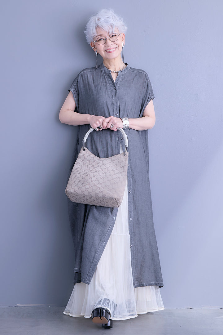 【SET】シアーデニムケミカルウォッシュシャツワンピース+2WAYラメサテンプリーツ×シアーティアードチュールスカート(2set)