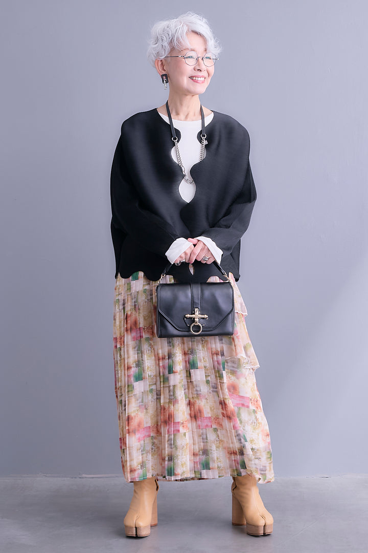 【SET】ウェーブラインプリーツカーディガン+アシメフラワープリーツドッキングワンピース(2set)