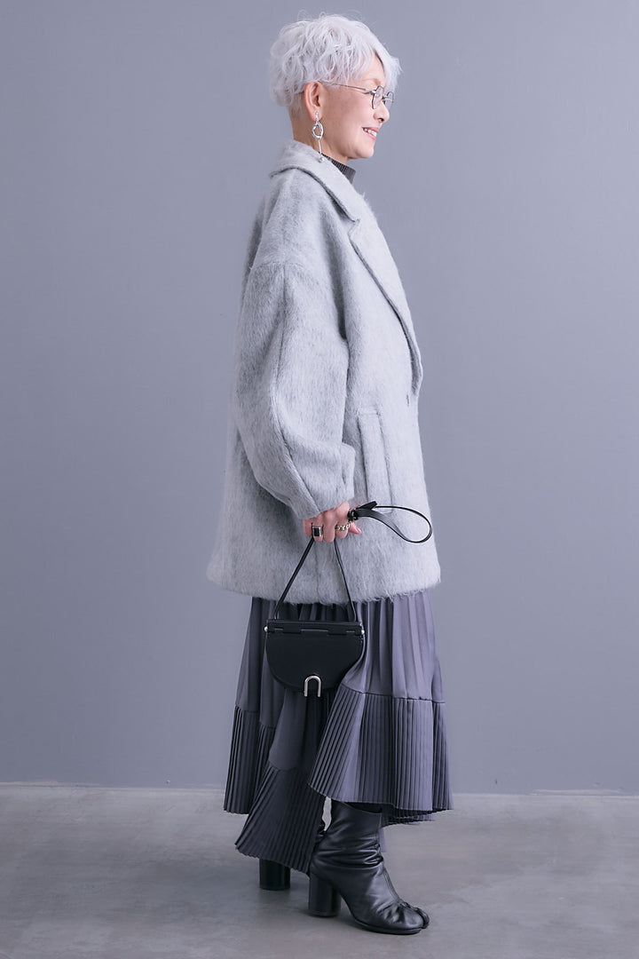 【SET】アシンメトリーオーバーニット+ワイドラペルコクーンスリーブシャギーコート+アシンメトリープリーツスカート(3set)