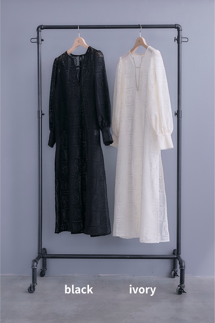 【予約】ブロックレースボリュームスリーブワンピース