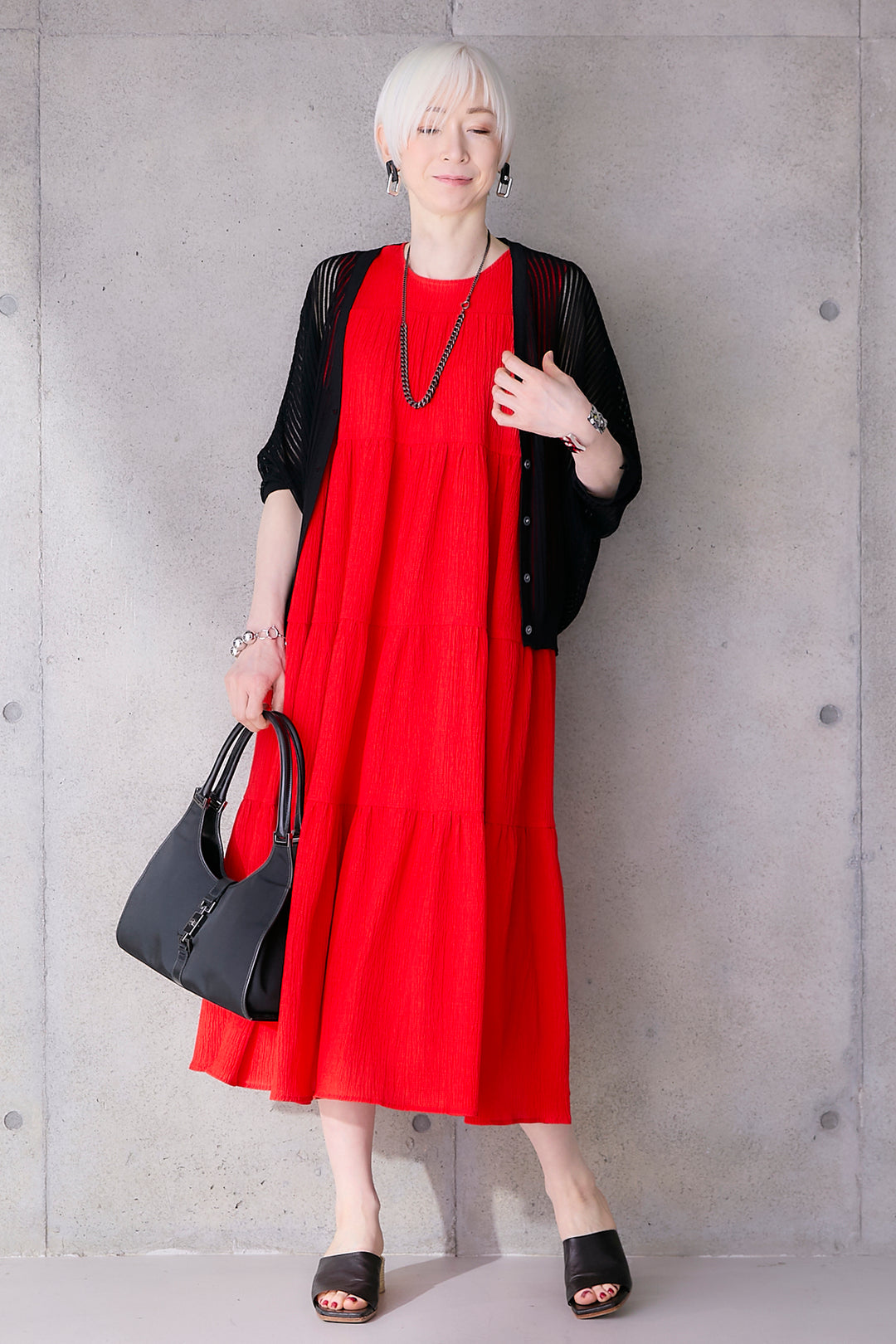 【SET】シアーストライプドルマンメッシュニットカーデ+クレープジャガードティアードワンピース(2set)