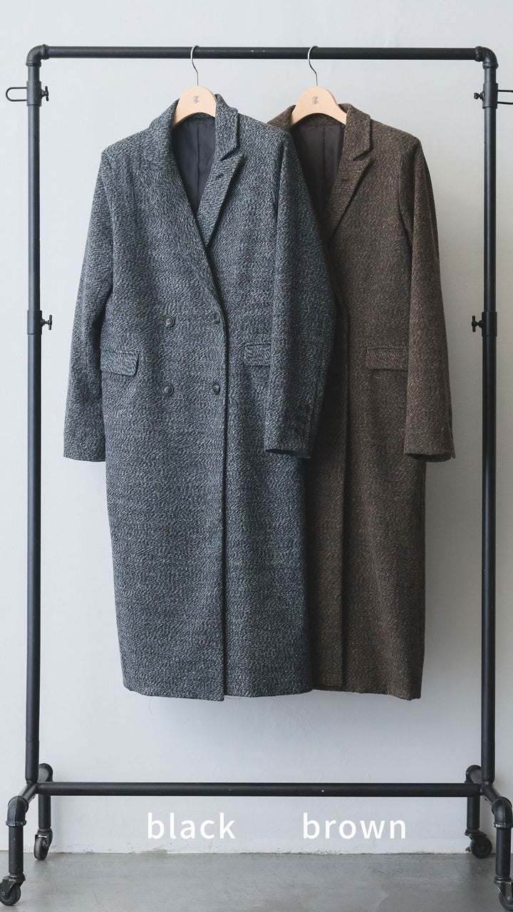 【SET】アシンメトリーオーバーニット+ツイードロングチェスターコート+アシンメトリープリーツスカート(3set)