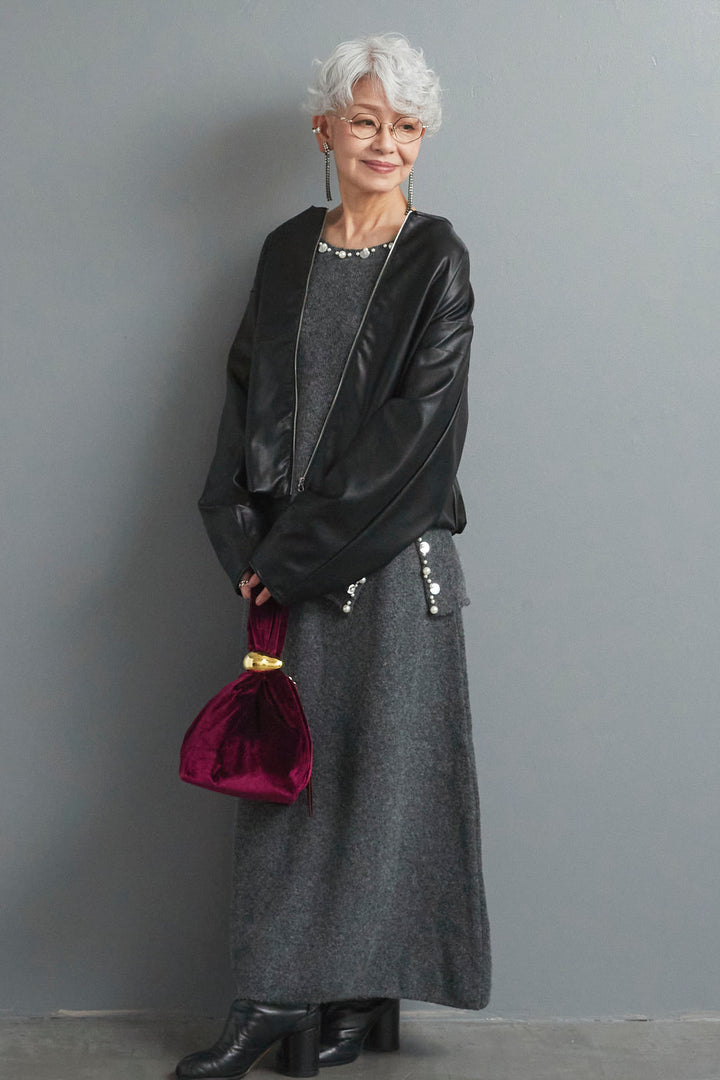 【SET】ビジューニットセットアップ+ラウンドシルエットエコレザーノーカラージャケット(2set)