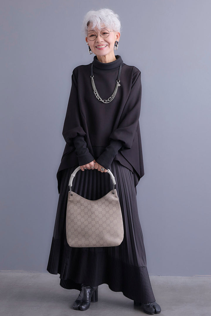 【SET】アシメハイネックポンチョプルオーバー+アシンメトリープリーツスカート(2set)