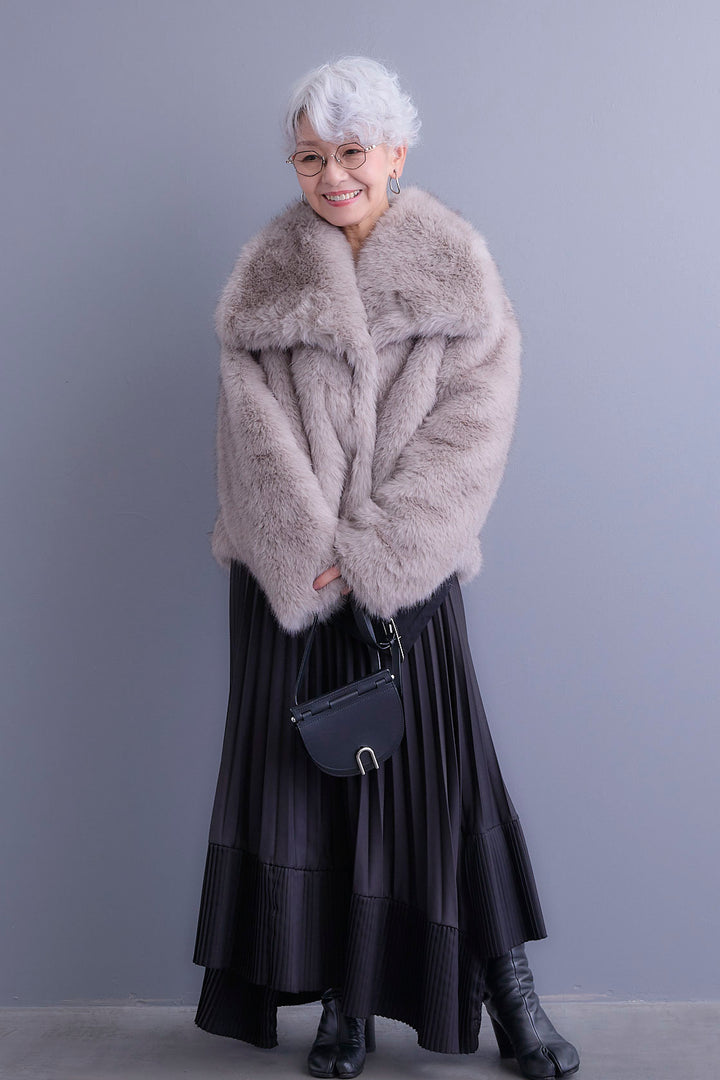 【SET】アシンメトリーロンT+オーバーカラーファーコート+アシンメトリープリーツスカート(3set)