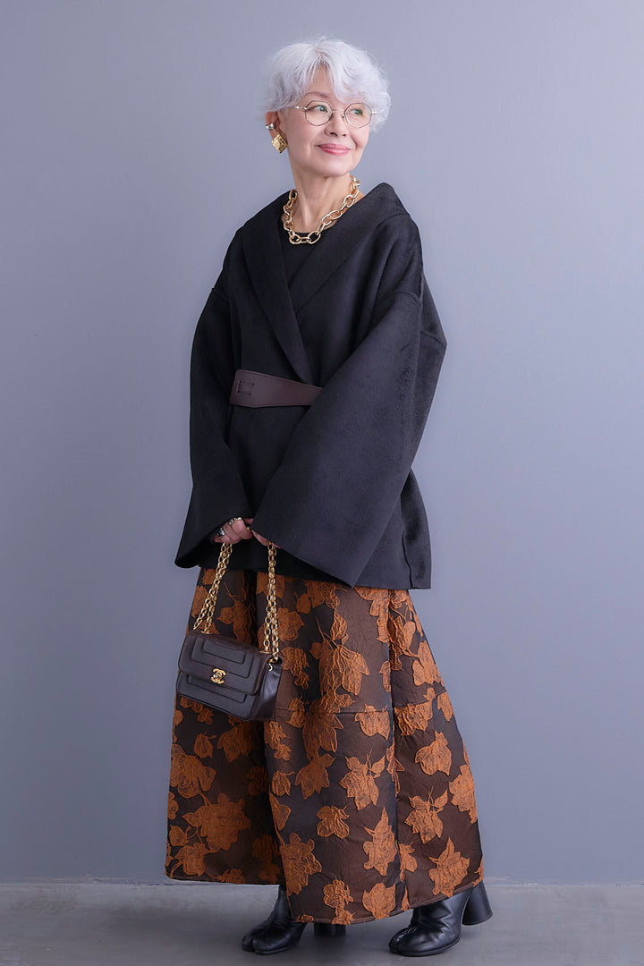 【SET】メルトンソフトショールカラーコート【ベルト付き】+ジャガードフラワースカート(2set)