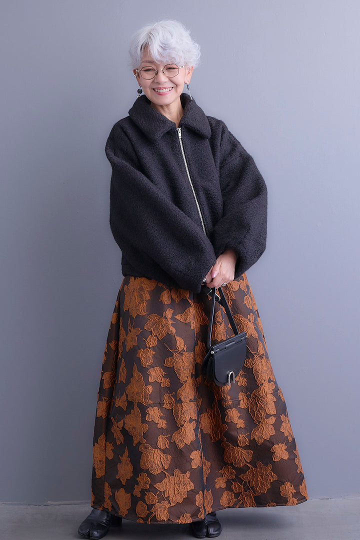 【SET】シープボアボリュームスリーブジャケット+ジャガードフラワースカート(2set)