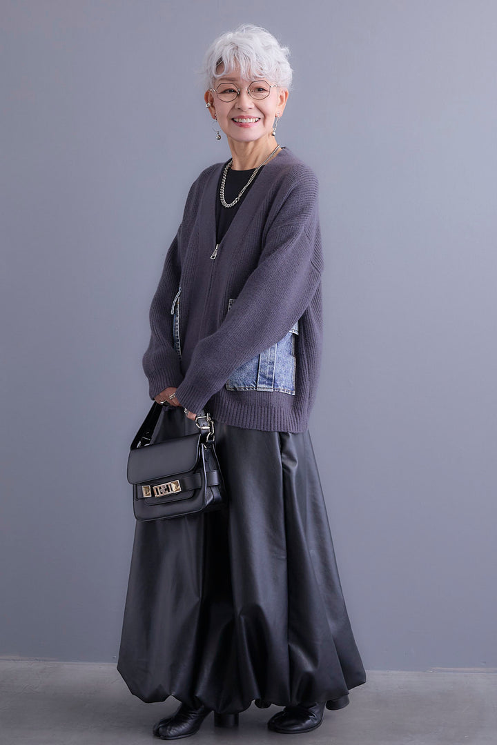 【SET】デニムポケットZIPニットカーディガン+バルーンシルエットエコレザースカート(2set)