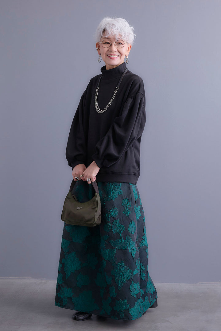 【SET】ボリュームスリーブモックネックプルオーバー+ジャガードフラワースカート(2set)