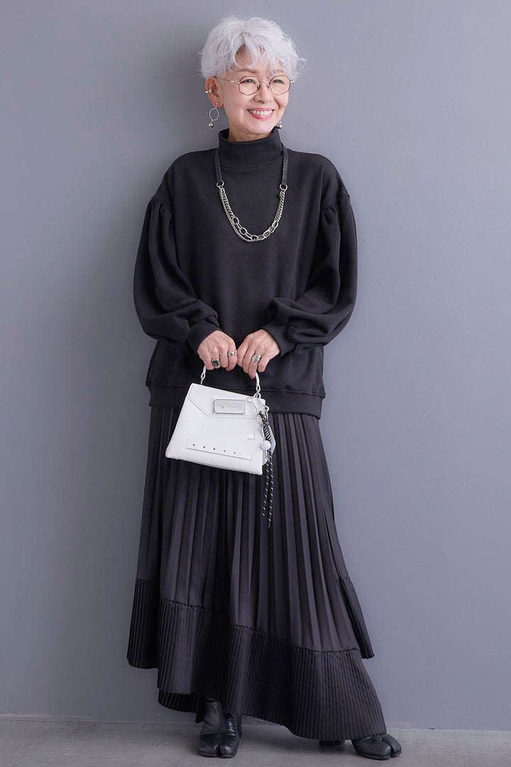 【SET】ボリュームスリーブモックネックプルオーバー+アシンメトリープリーツスカート(2set)