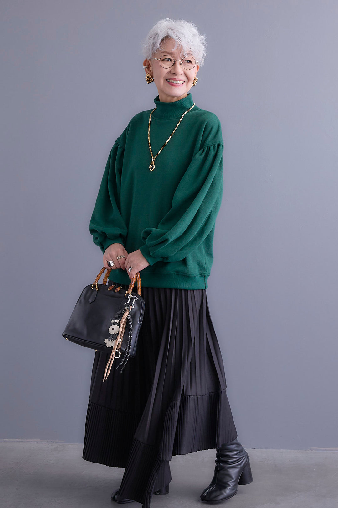 【SET】ボリュームスリーブモックネックプルオーバー+アシンメトリープリーツスカート(2set)