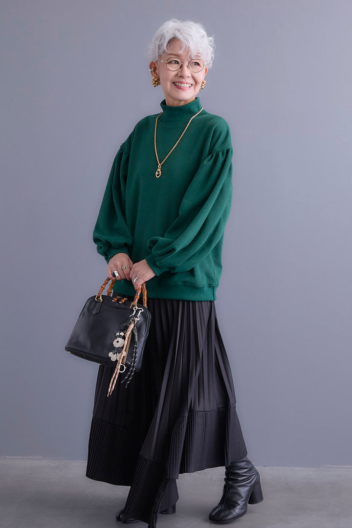 【SET】ボリュームスリーブモックネックプルオーバー+アシンメトリープリーツスカート(2set)