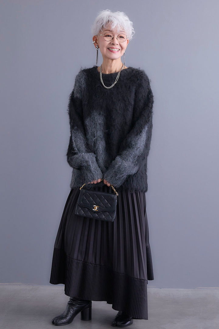 【SET】ミックスヤーンインターシャブロッキングニット+アシンメトリープリーツスカート(2set)