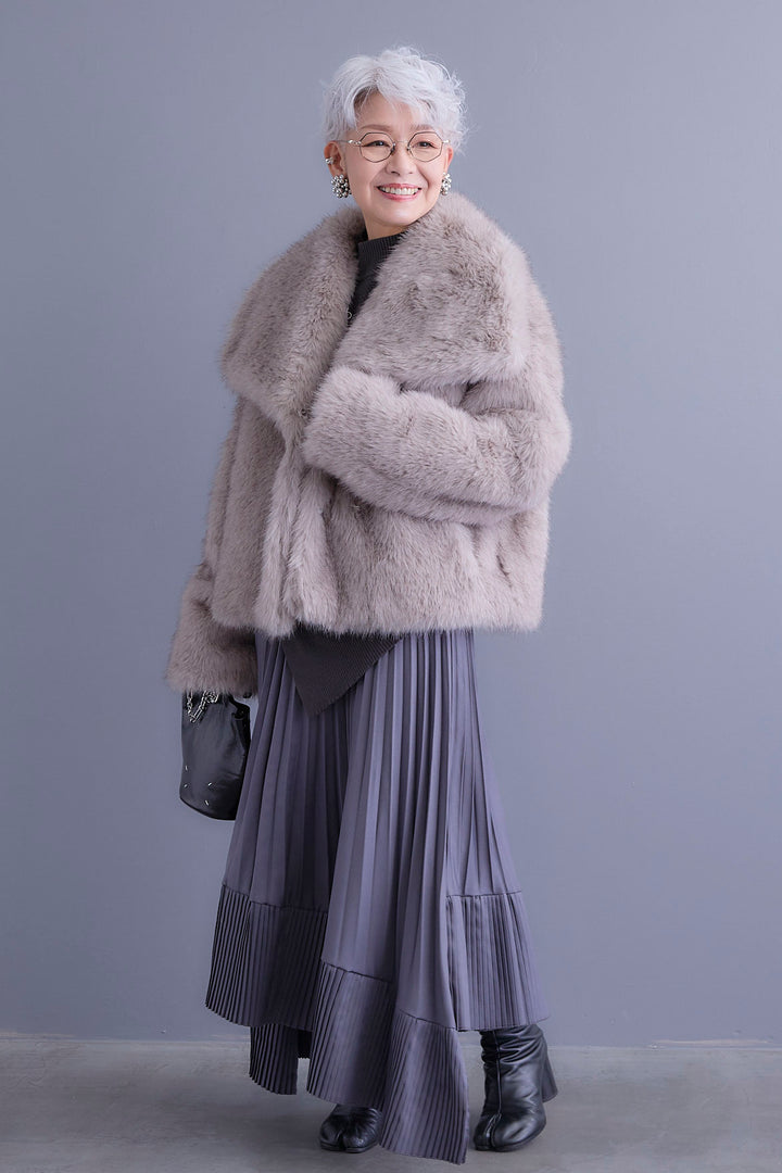 【SET】アシンメトリーオーバーニット+オーバーカラーファーコート+アシンメトリープリーツスカート(3set)