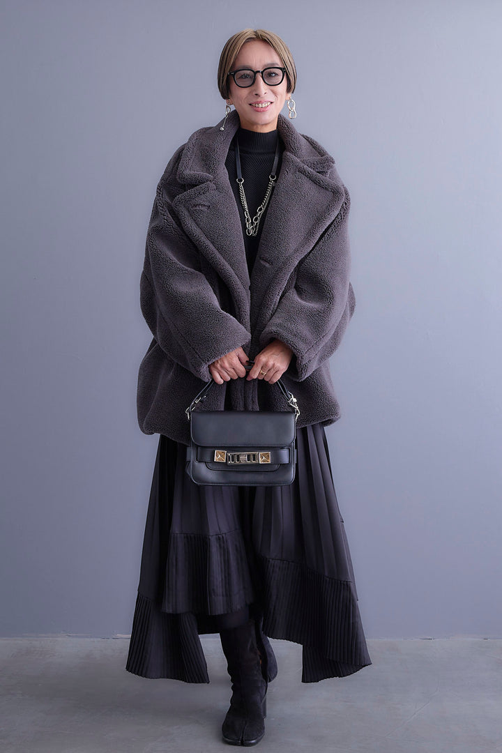 【SET】アシンメトリーオーバーニット+テディボアミディコート+アシンメトリープリーツスカート(3set)