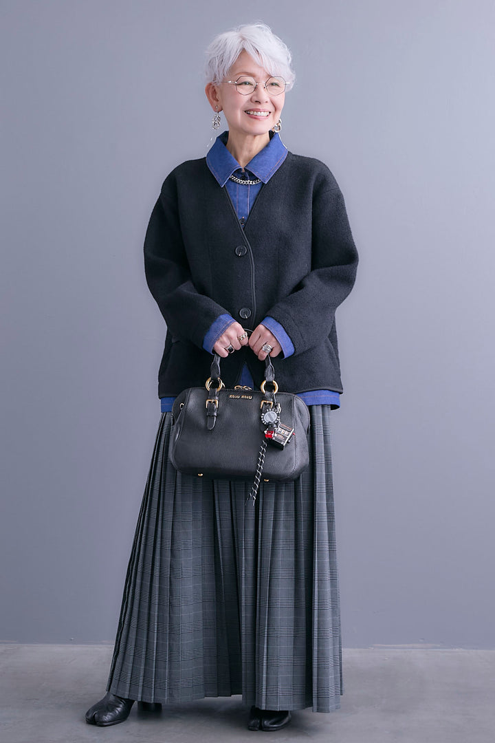 【SET】デニムレイヤードデザインカーディガン+グレンチェックプリーツスカート(2set)