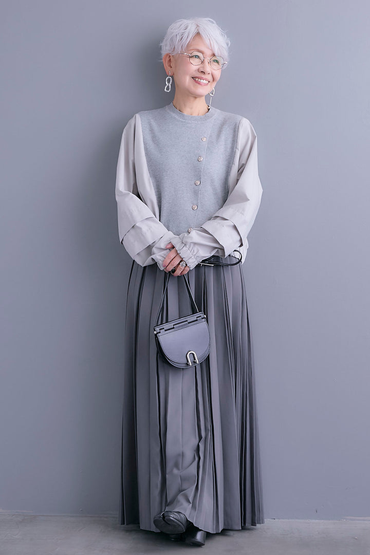 【SET】タックスリーブシャツニットコンビプルオーバー+ダブルプリーツロングスカート(2set)